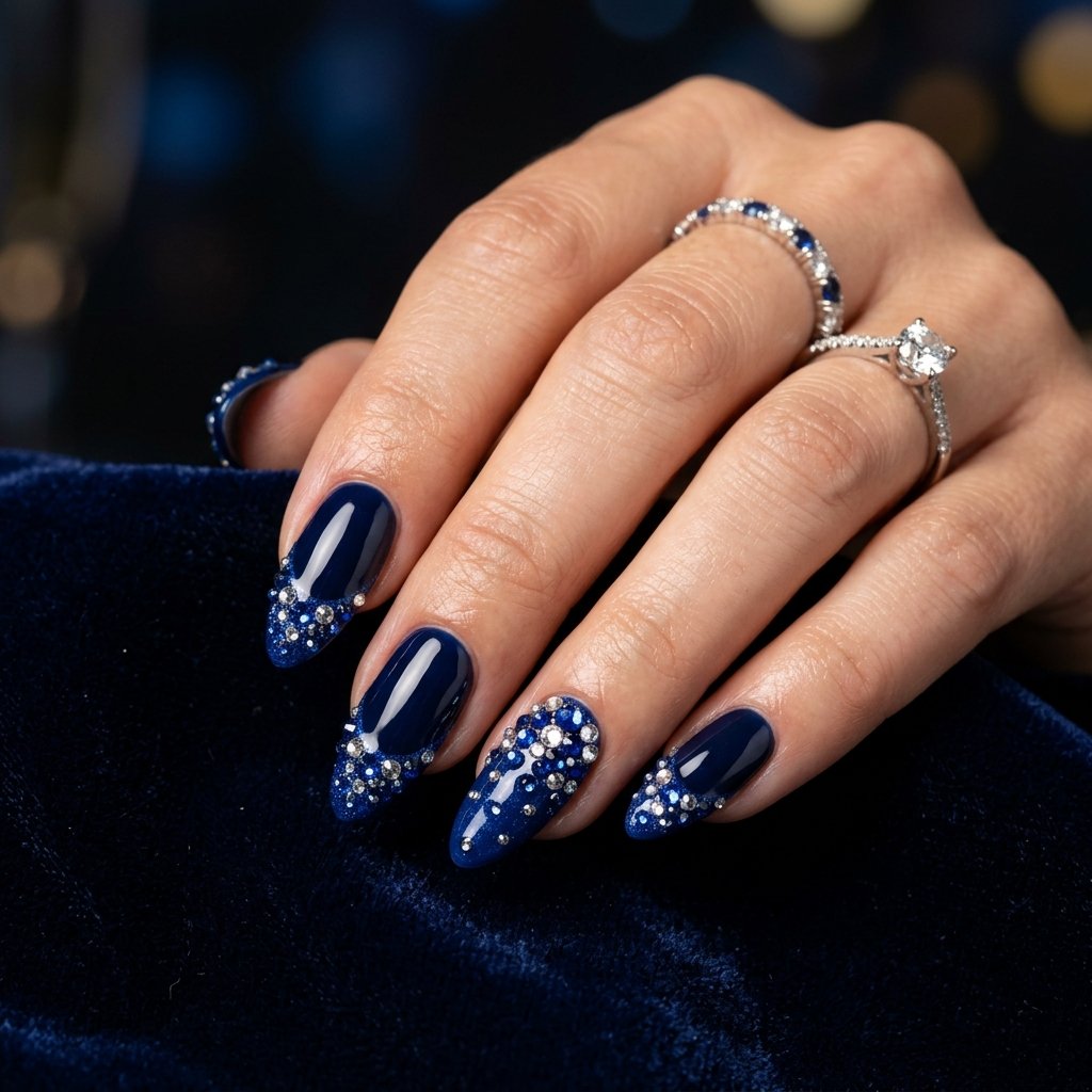 Dark Blue French Tip Nails With Rhinestones
