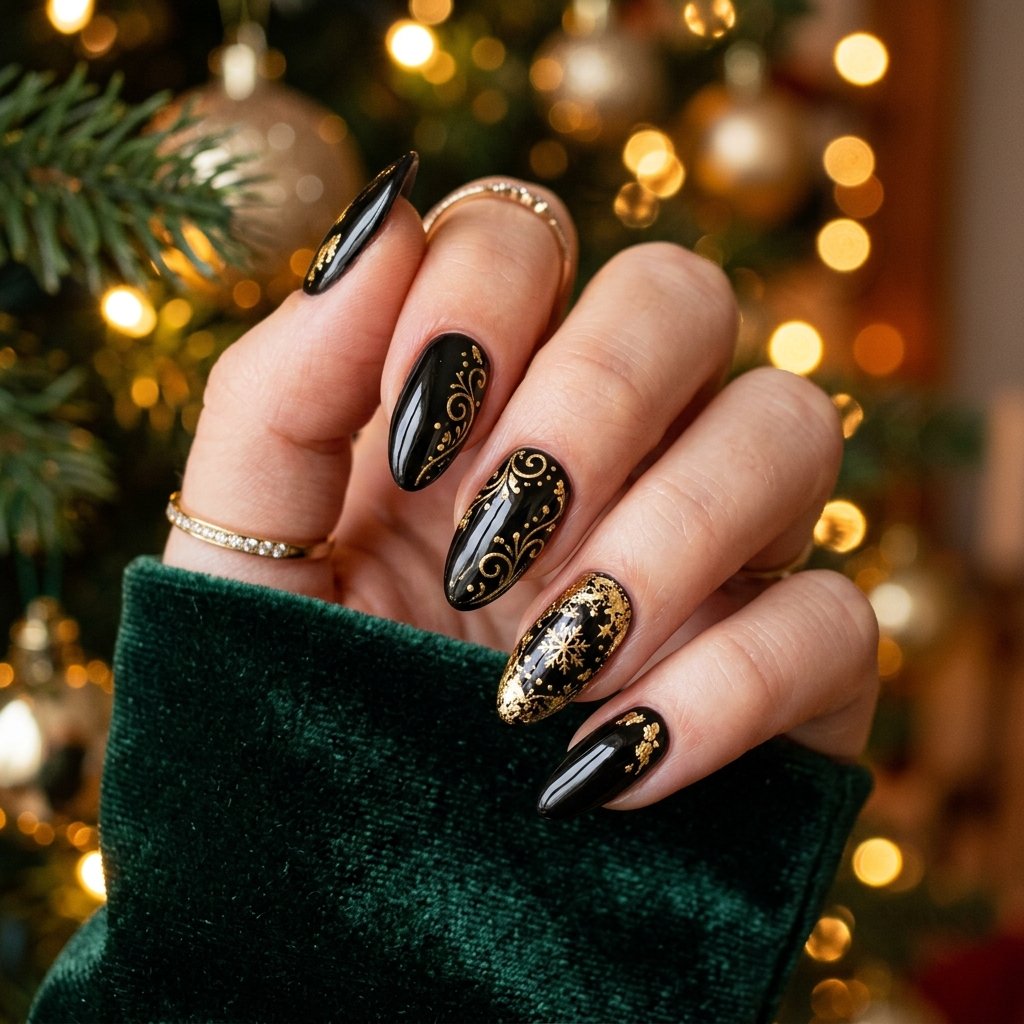 Black and Gold Christmas Nails