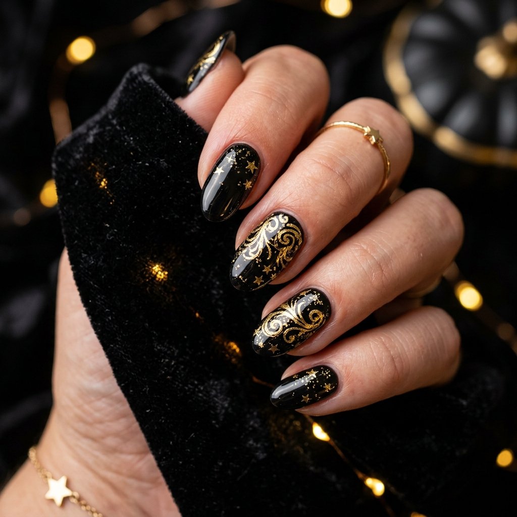35 Black Halloween Nails Ideas — Spooky, Sleek & Creative 23 Black and Gold Halloween Nails Ideas