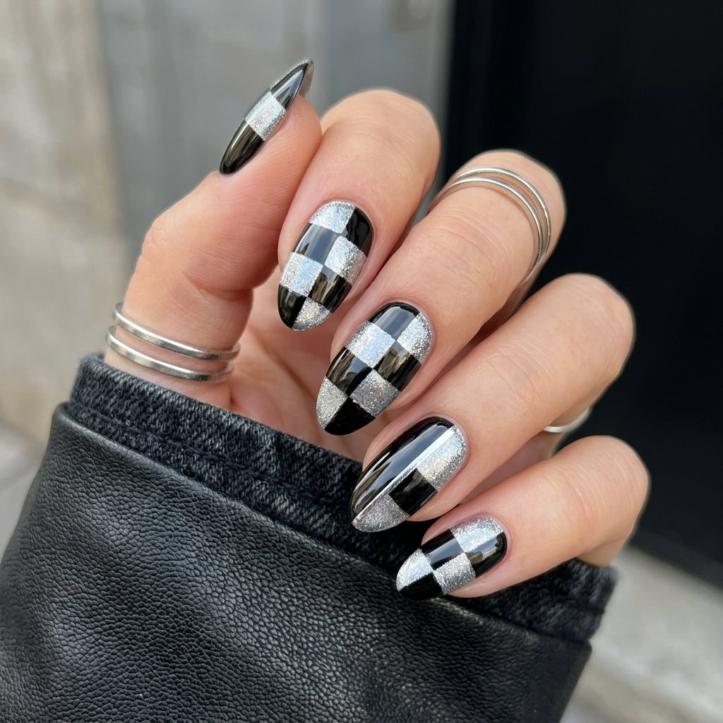Modern Black Checkerboard with Silver Accents