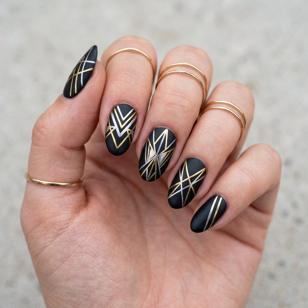 Black Geometric Christmas Nails