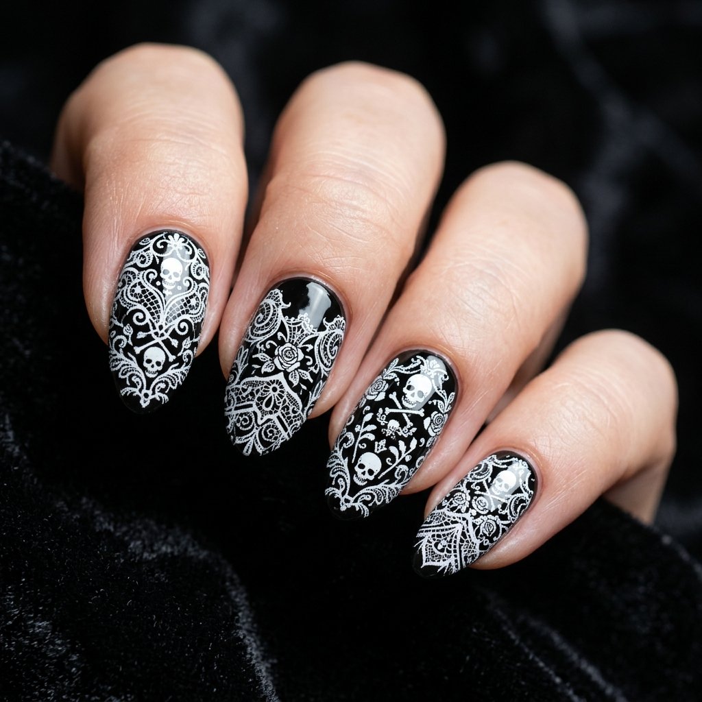 35 Black Halloween Nails Ideas — Spooky, Sleek & Creative 34 Black Nail Stamping Ideas