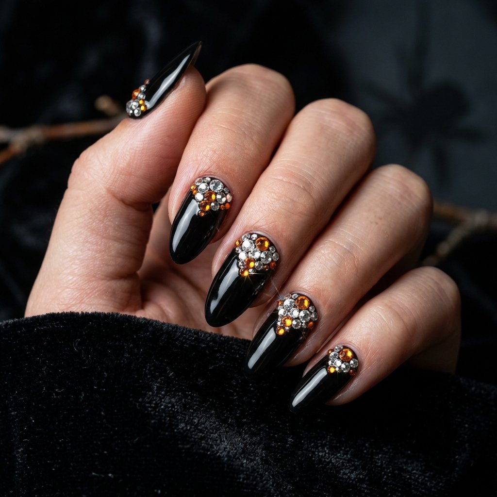 35 Black Halloween Nails Ideas — Spooky, Sleek & Creative 35 Black Halloween Nails with Rhinestones Ideas