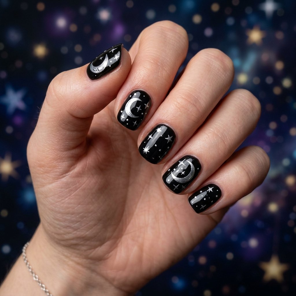 Black Moon and Star Christmas Nails