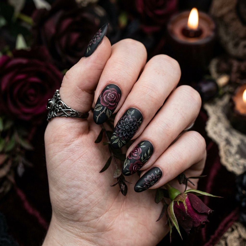 35 Black Halloween Nails Ideas — Spooky, Sleek & Creative 31 Black Floral Halloween Nails Ideas