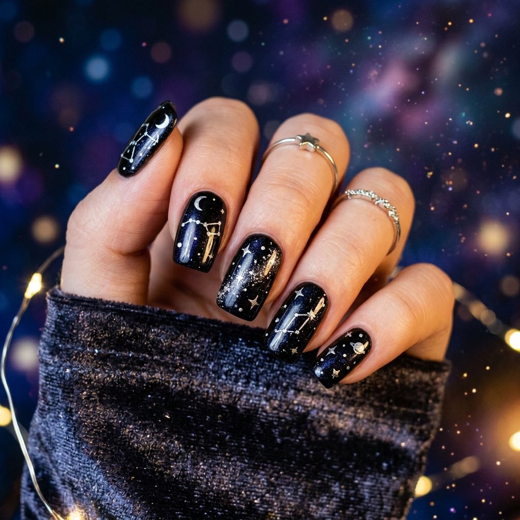 Celestial Black Night Sky with Silver Stars