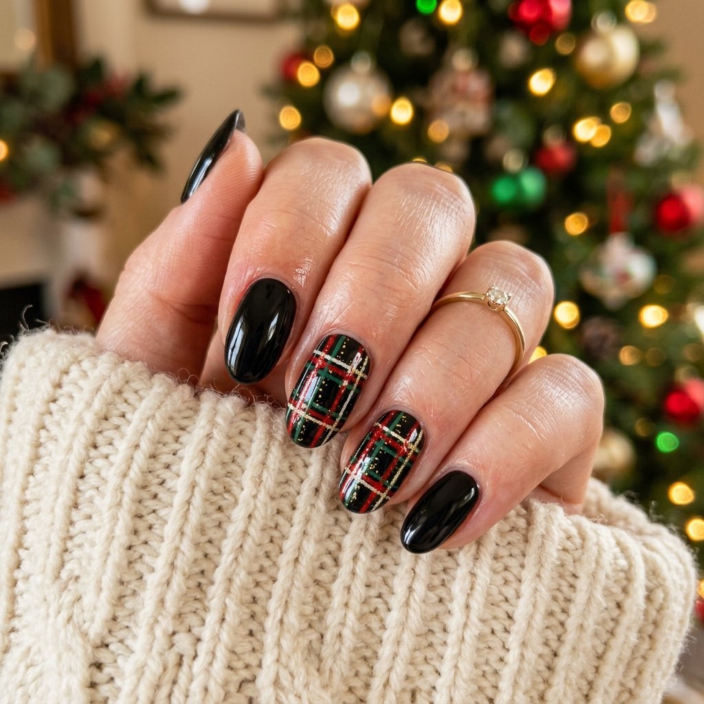Black Plaid Christmas Nails