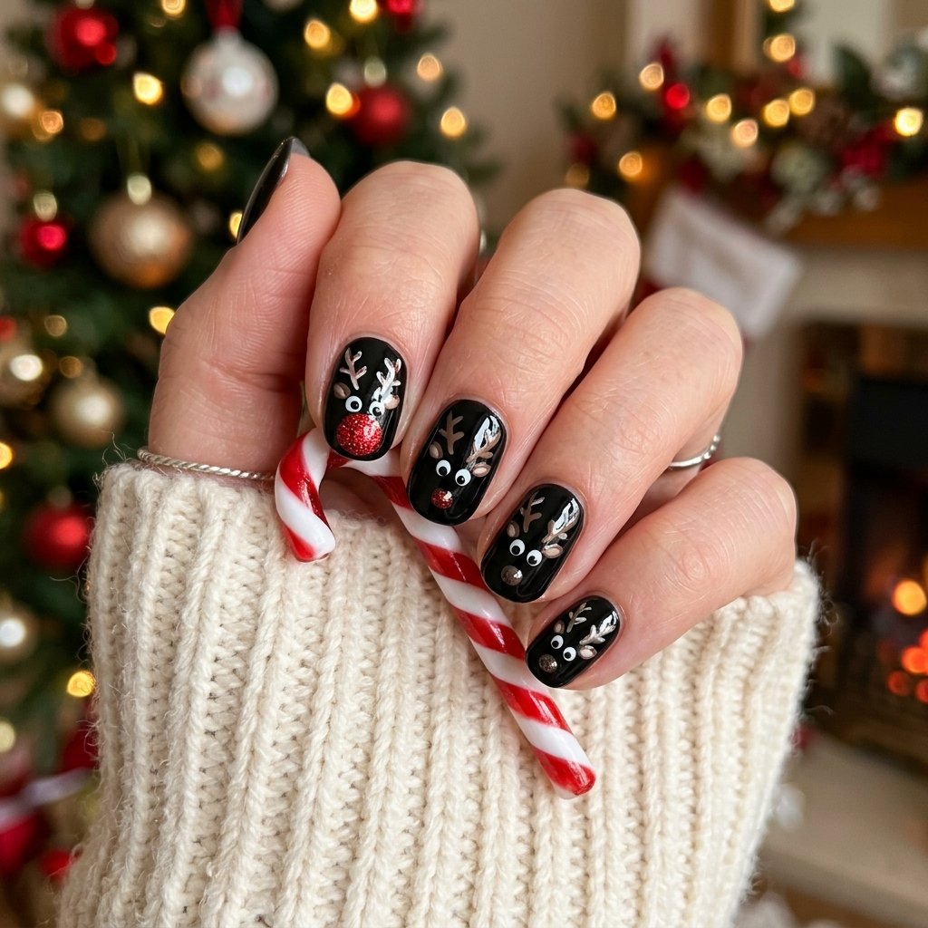 Black Reindeer Christmas Nails