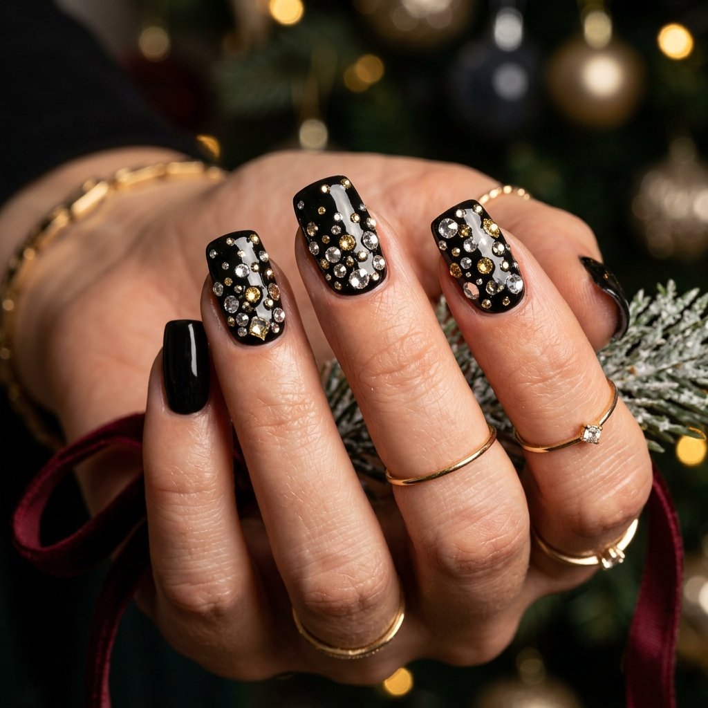 Black Rhinestone Christmas Nails