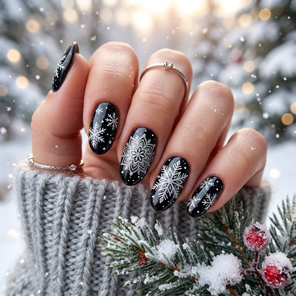 Black Snowflake Nail Art