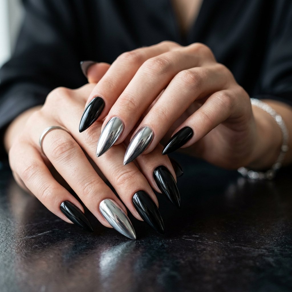 Sharp Black Stiletto with Silver Mirror Finish