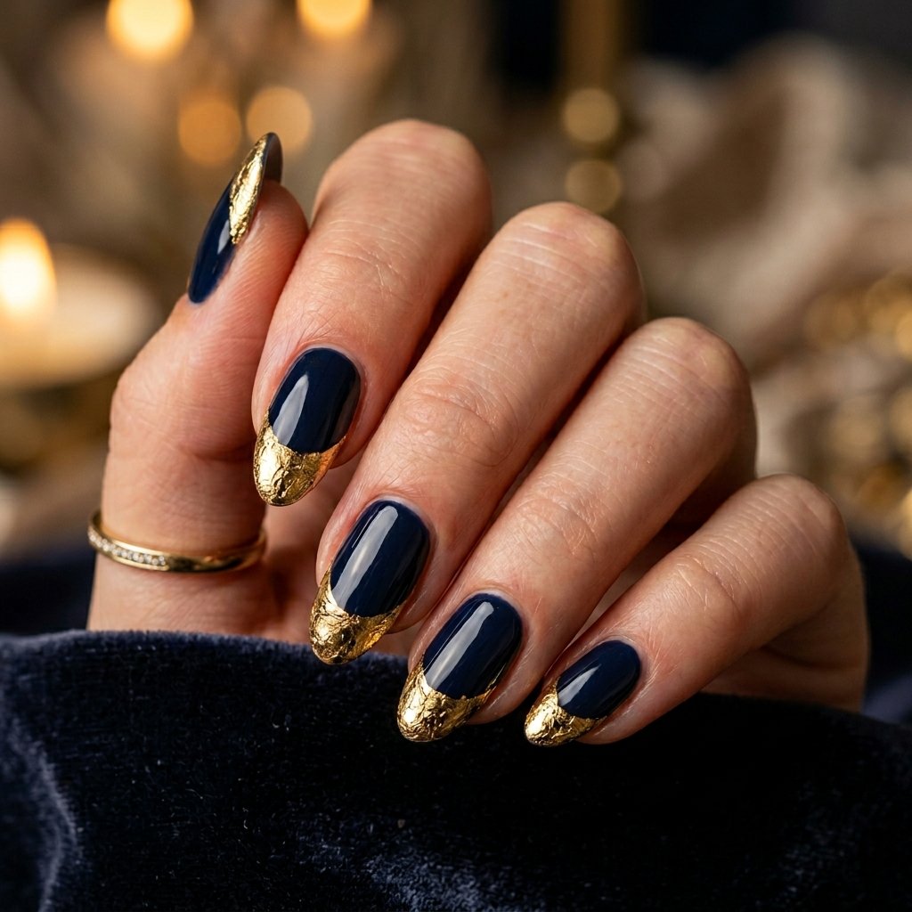 Dark Blue Foil French Tip Nails