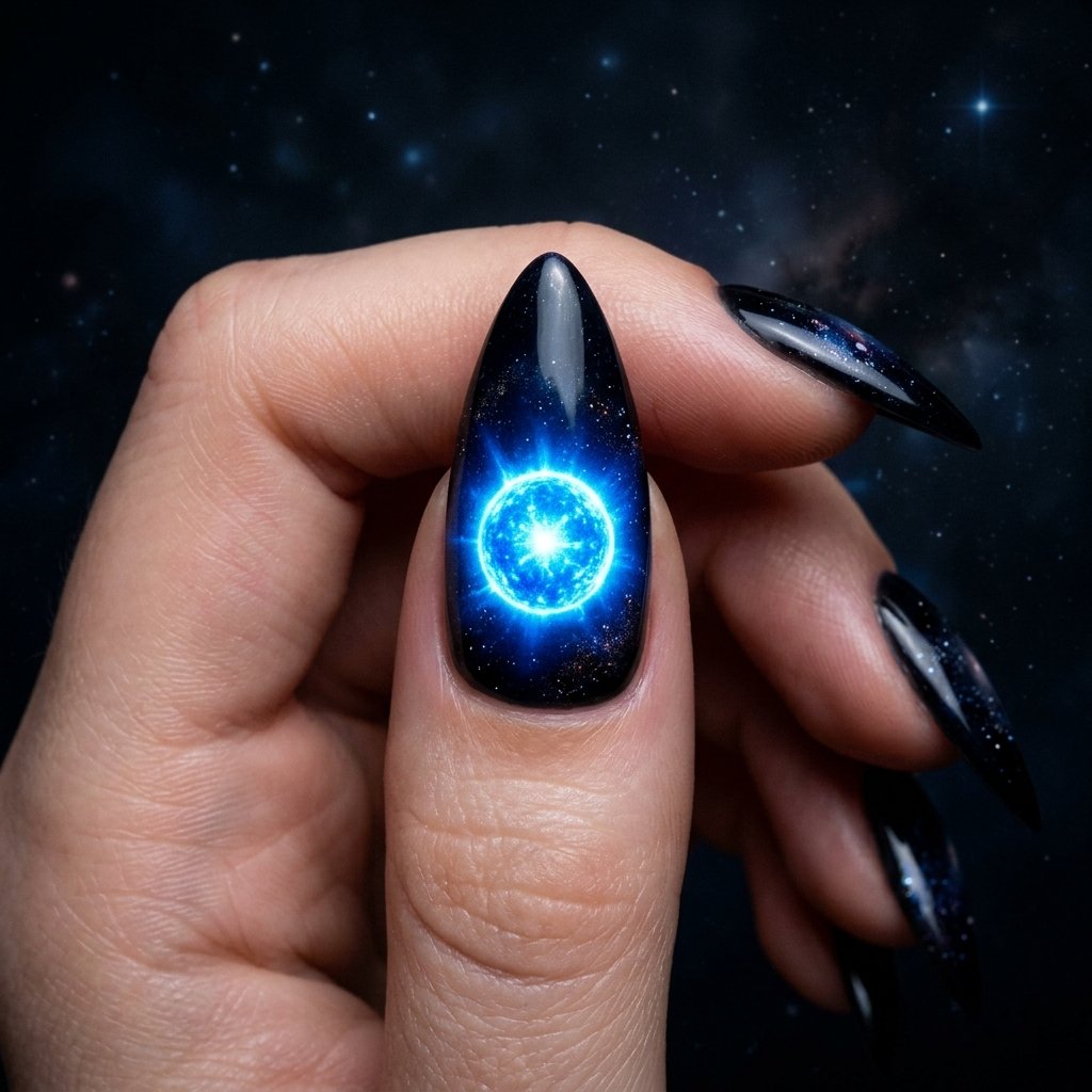 32 Galaxy Nails Ideas: Master the Aesthetic of the Cosmos 31 Blue Giant Star Glow Design