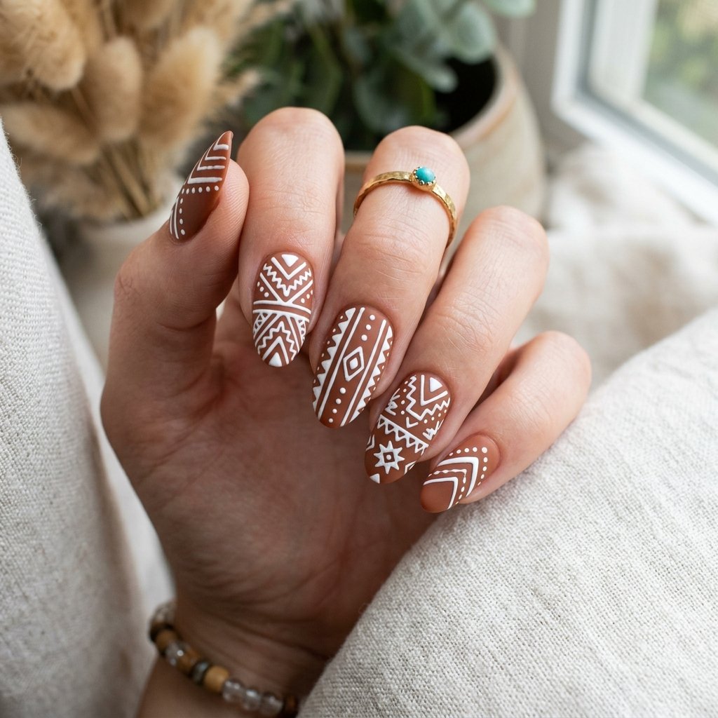 35 Trendy Brown and White Nails Ideas for a Flawless Manicure 2026 8 Boho Brown Nails with White Tribal Patterns