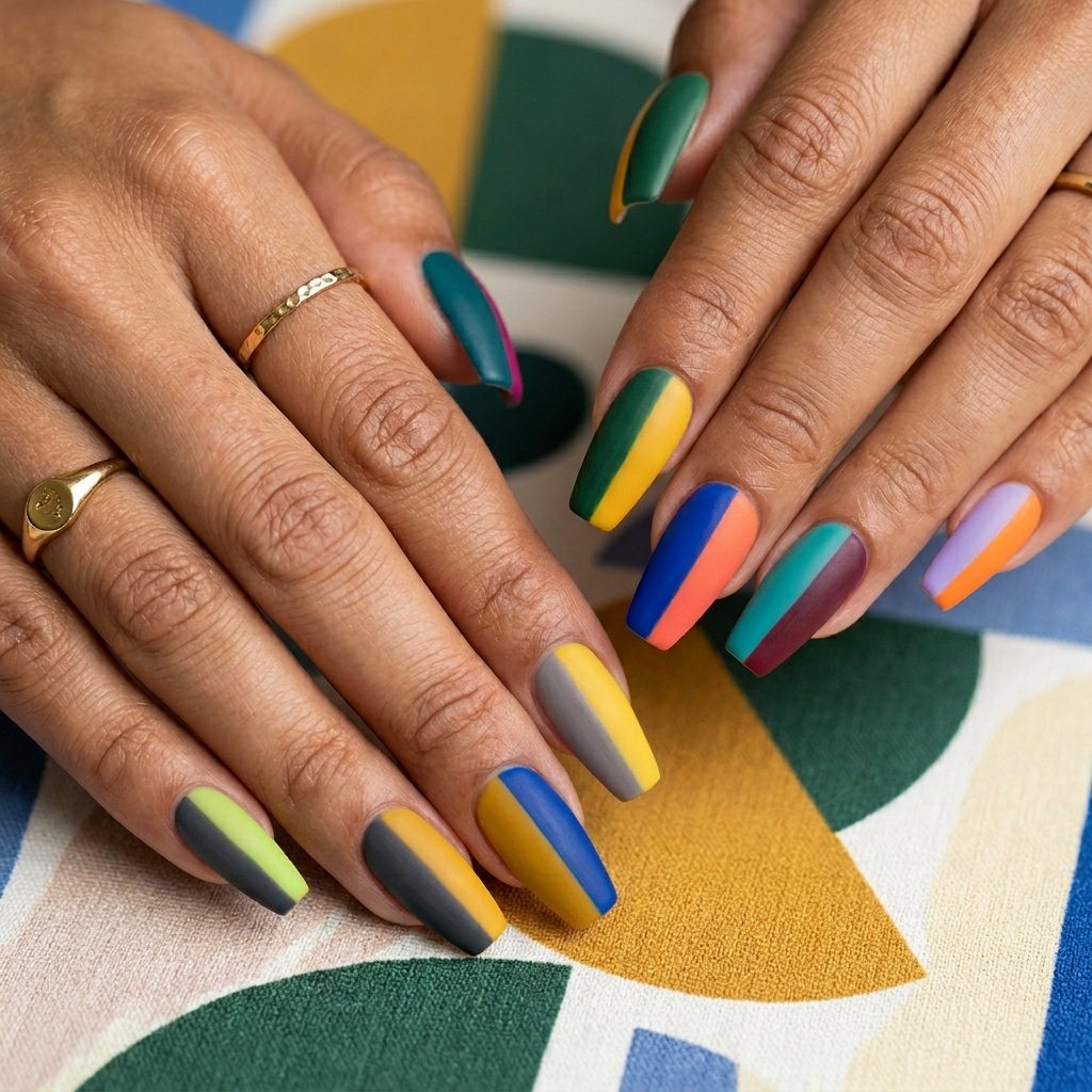 35 Trendy French Tip Coffin Nails Ideas That Elevate Your Style 36 Bold Color Block French Tip Coffin Nails