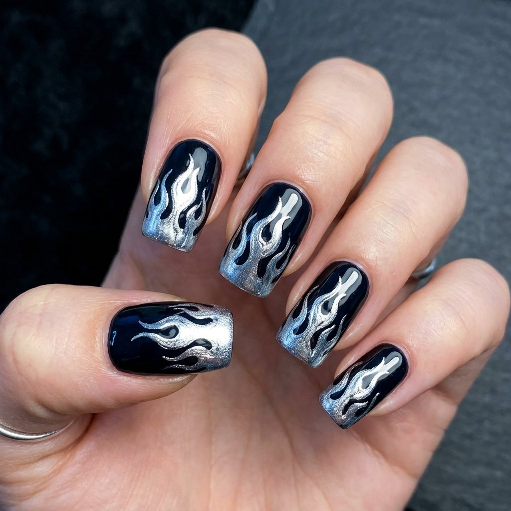 Bold Silver Flame Silhouettes on Dark Polish