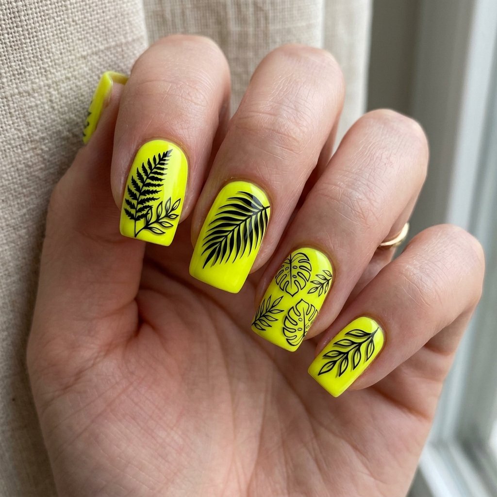 35 Fresh neon yellow nails Ideas for Your Summer Wardrobe 19 Botanical Silhouettes Base Idea