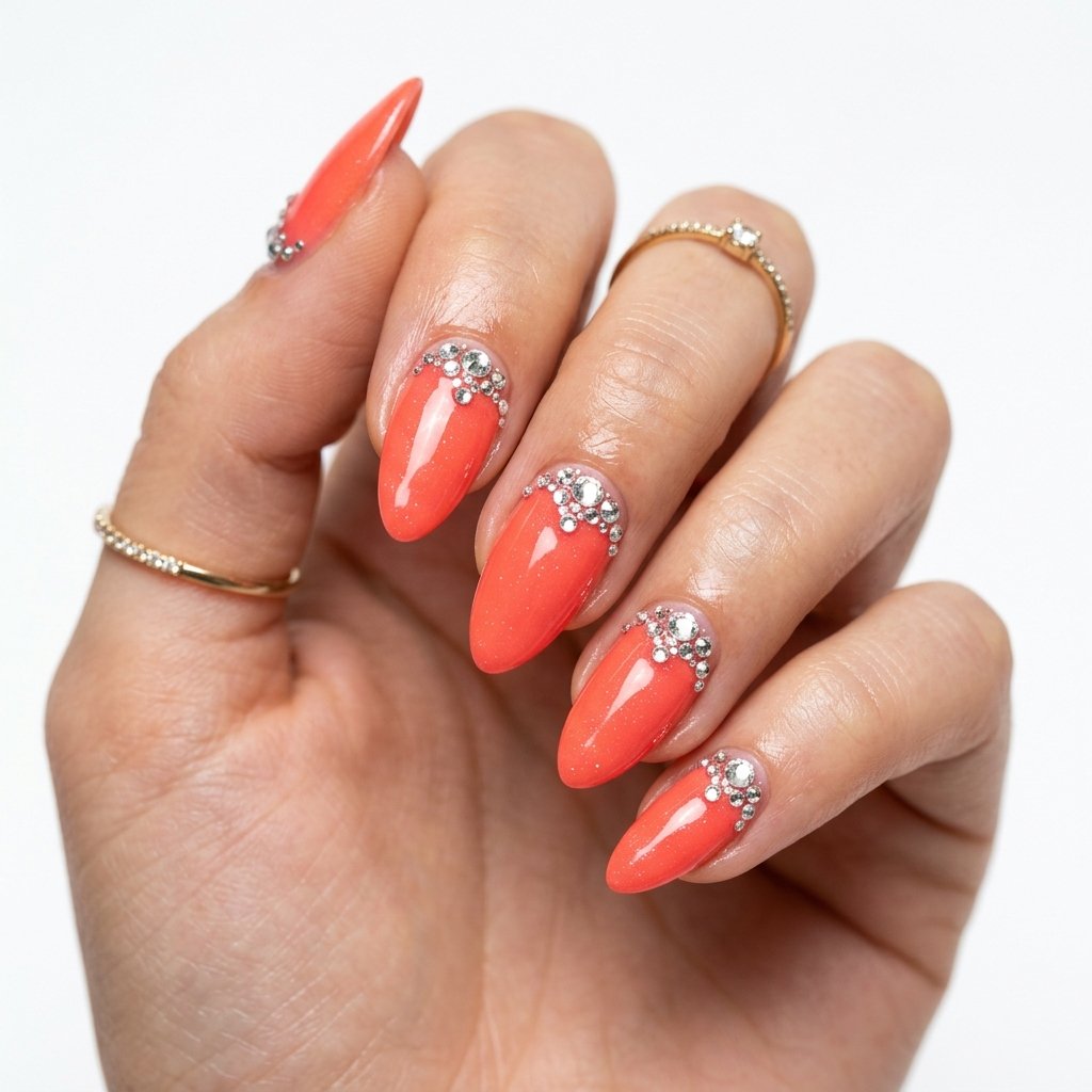 Bright Summer Acrylic Nails with Rhinestones