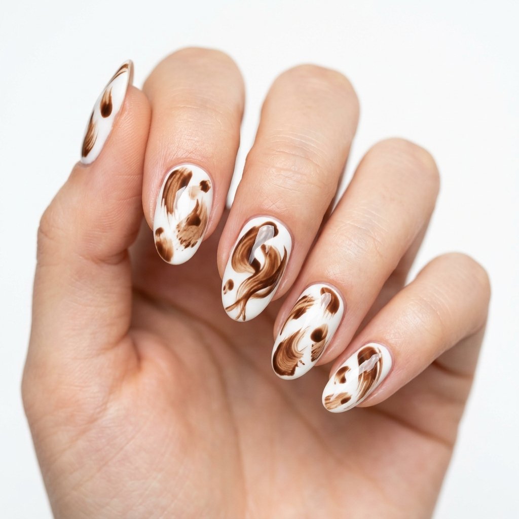 35 Trendy Brown and White Nails Ideas for a Flawless Manicure 2026 15 Brown Abstract Art Nails on White Canvas