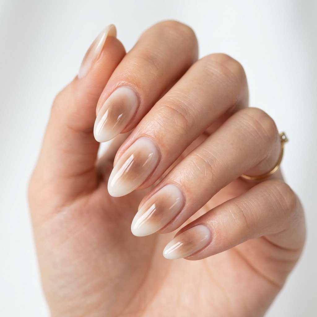 35 Trendy Brown and White Nails Ideas for a Flawless Manicure 2026 23 Brown Aura Nails Blended into White