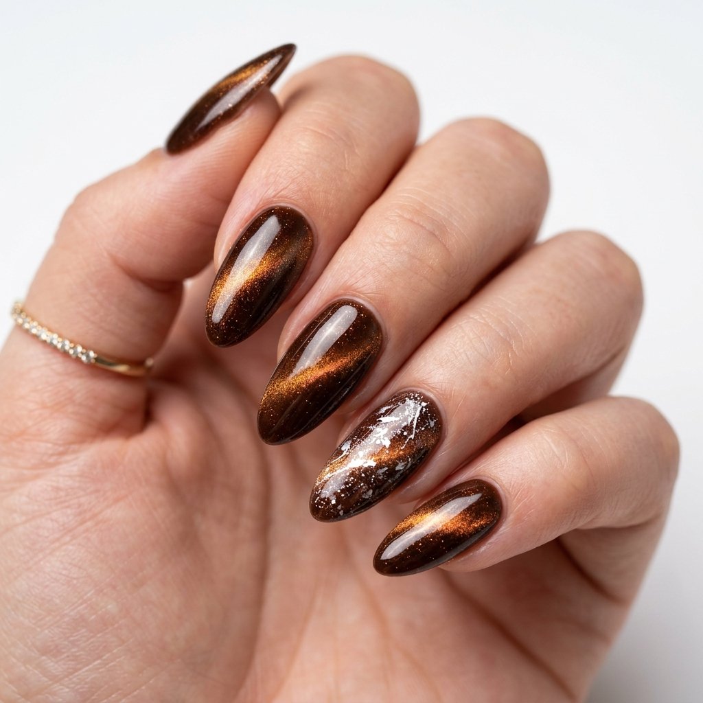 35 Trendy Brown and White Nails Ideas for a Flawless Manicure 2026 25 Brown Cat Eye Nails with White Shimmer