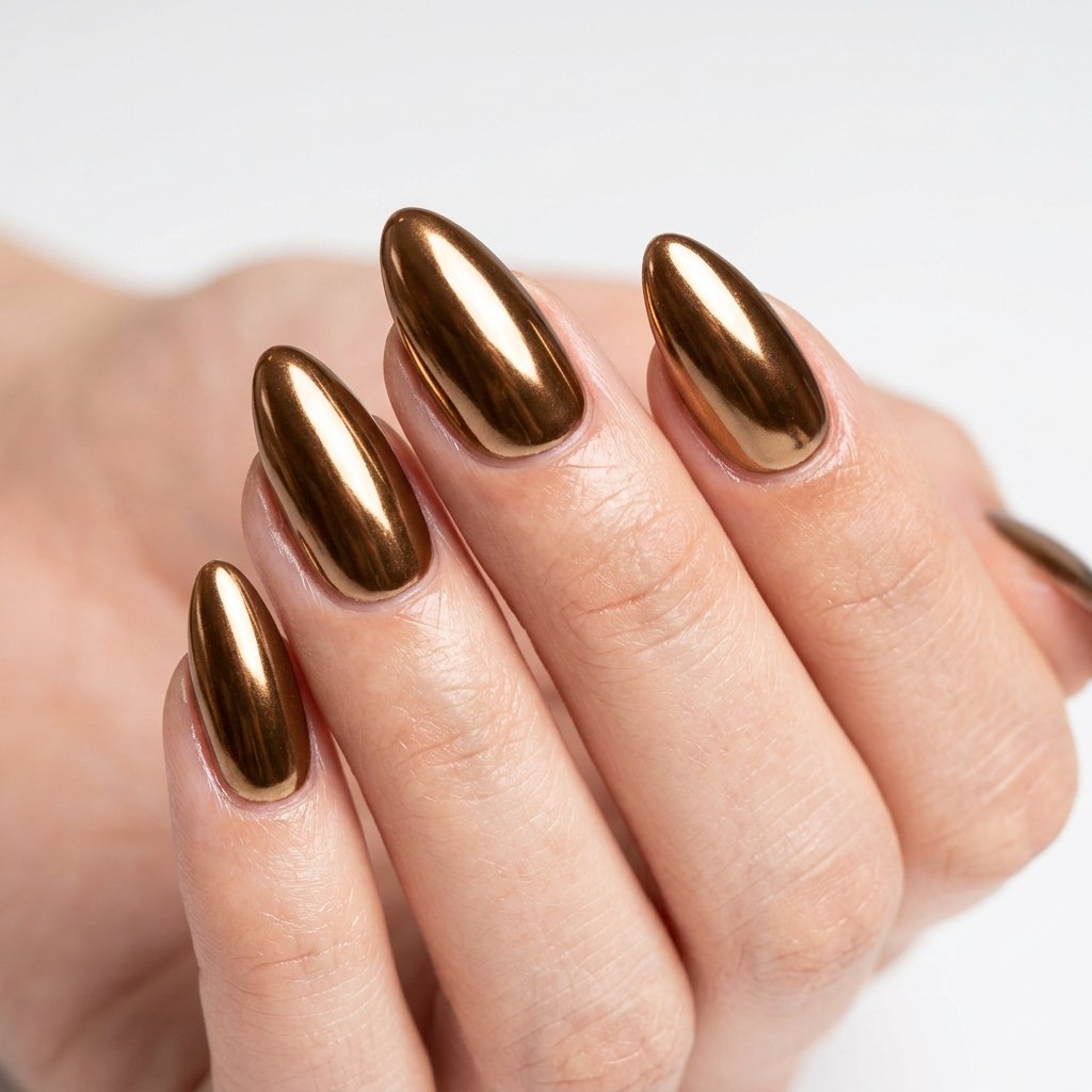 35 Trendy Brown and White Nails Ideas for a Flawless Manicure 2026 28 Brown Chrome Powder Nails with White Base