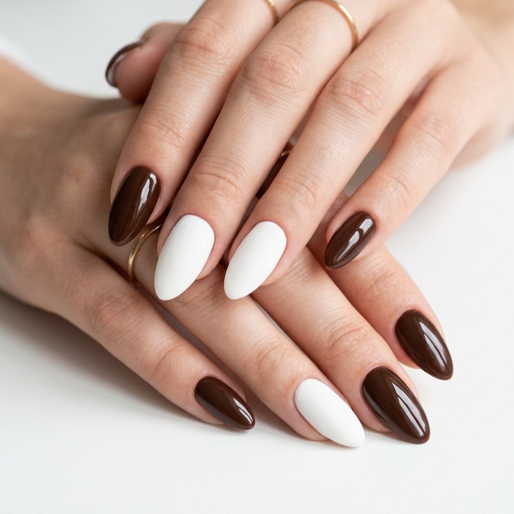 35 Trendy Brown and White Nails Ideas for a Flawless Manicure 2026 27 Glossy Brown and Matte White Contrast Nails