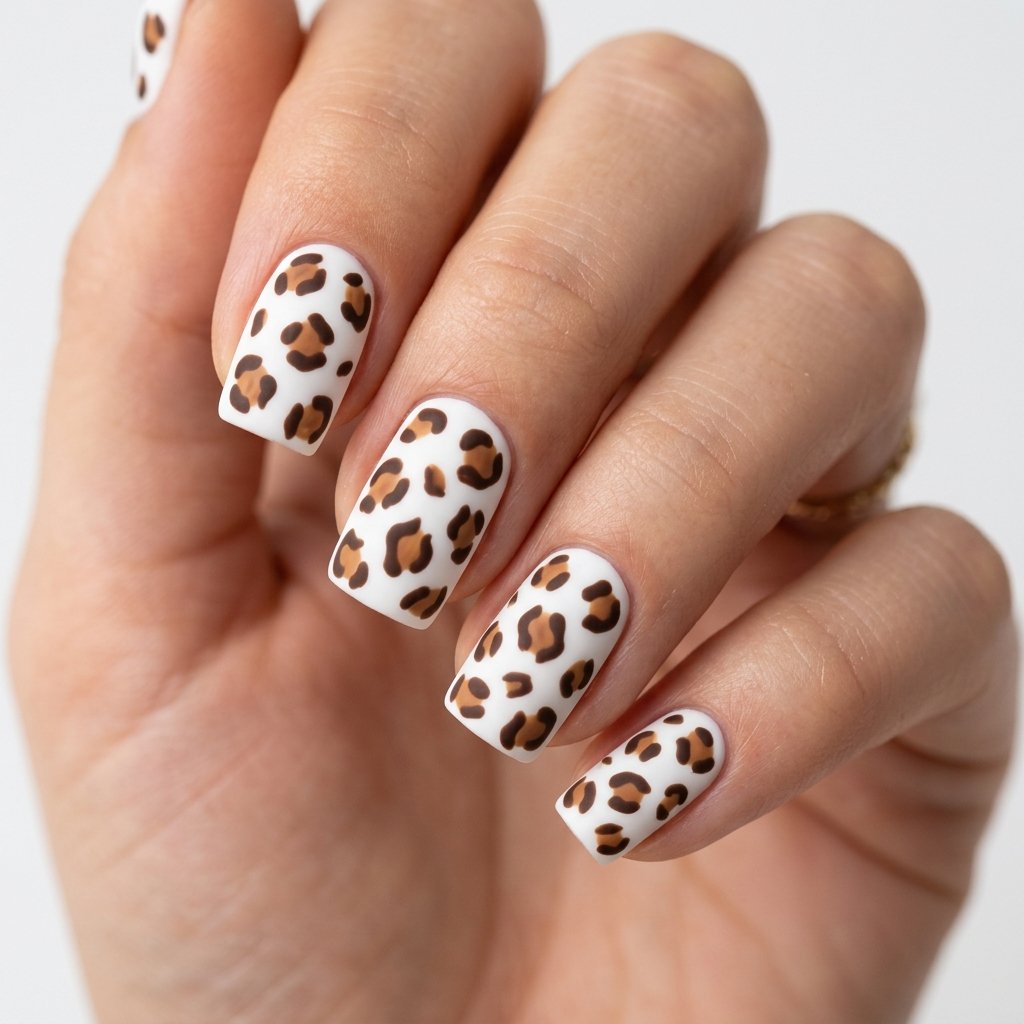 35 Trendy Brown and White Nails Ideas for a Flawless Manicure 2026 11 Brown Leopard Print on White Base