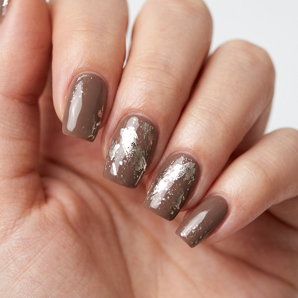 35 Trendy Brown and White Nails Ideas for a Flawless Manicure 2026 33 Neutral Brown Nail Set with White Foil Accents