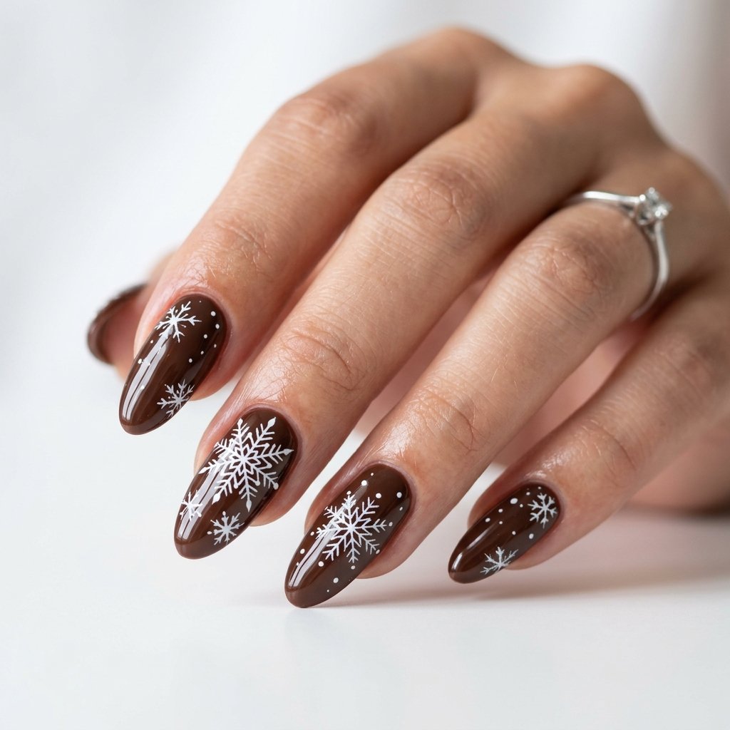 35 Trendy Brown and White Nails Ideas for a Flawless Manicure 2026 21 Winter Brown and White Snowflake Nail Designs