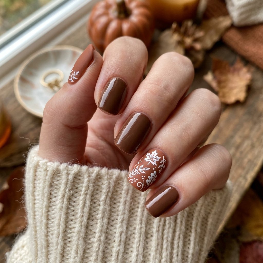 35 Trendy Brown and White Nails Ideas for a Flawless Manicure 2026 12 Autumn Leaf Brown Nail Designs with White Accents