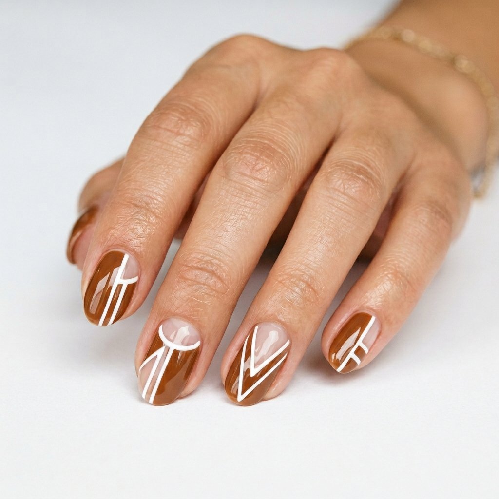 35 Trendy Brown and White Nails Ideas for a Flawless Manicure 2026 31 Negative Space Brown Nails with White Line Details