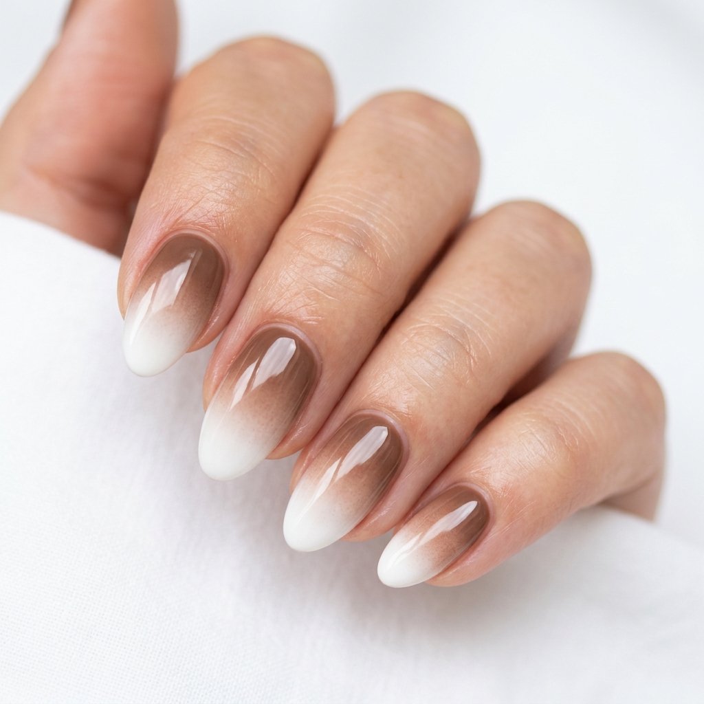 35 Trendy Brown and White Nails Ideas for a Flawless Manicure 2026 36 Brown Gradient Nails Fading into White Tips
