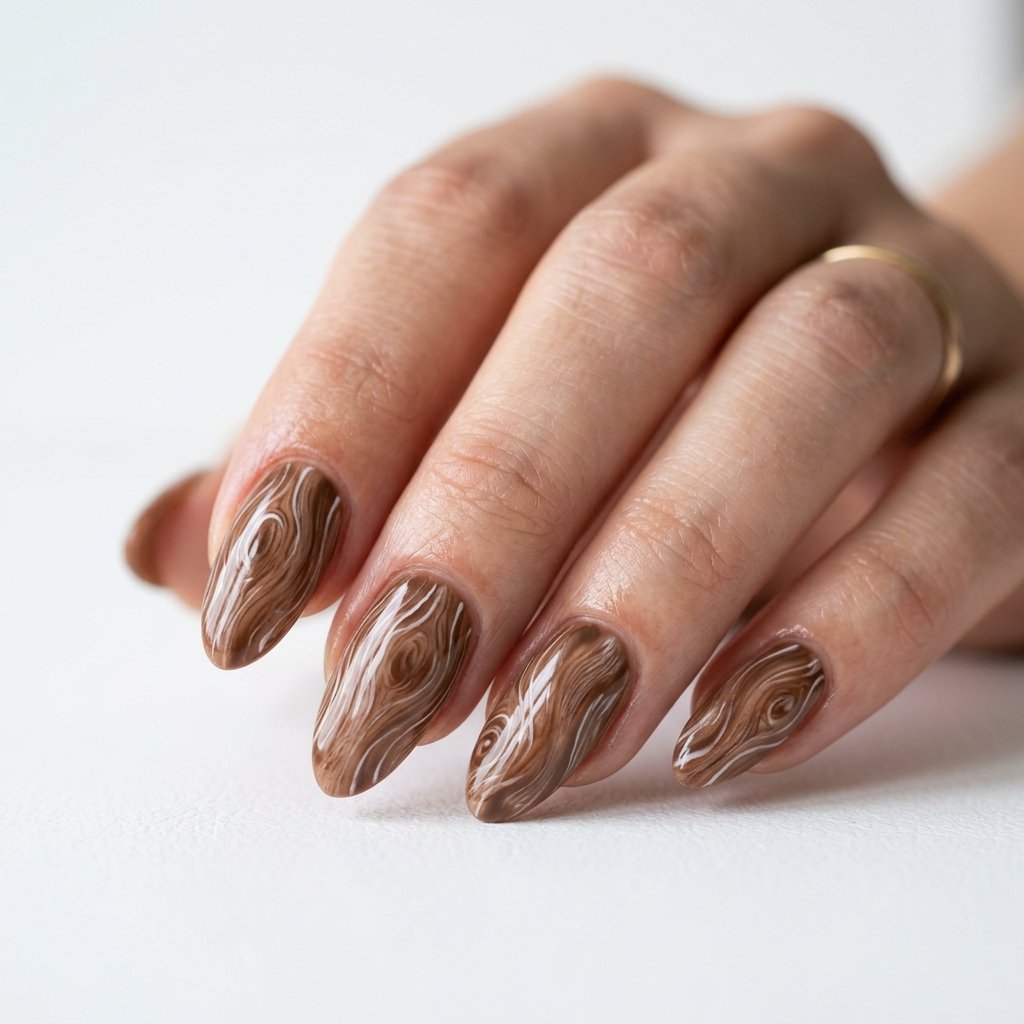 35 Trendy Brown and White Nails Ideas for a Flawless Manicure 2026 18 Brown Wood Grain Nail Art with White Highlights