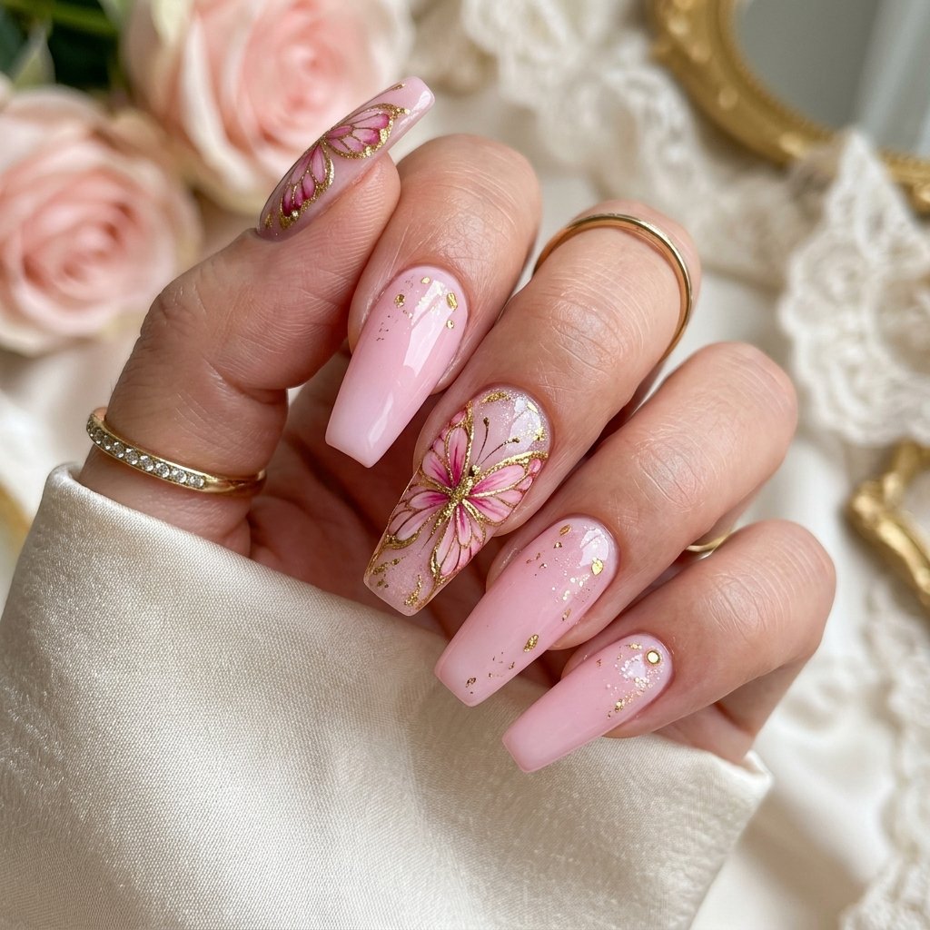 Pink and Gold Butterfly Nail Designs