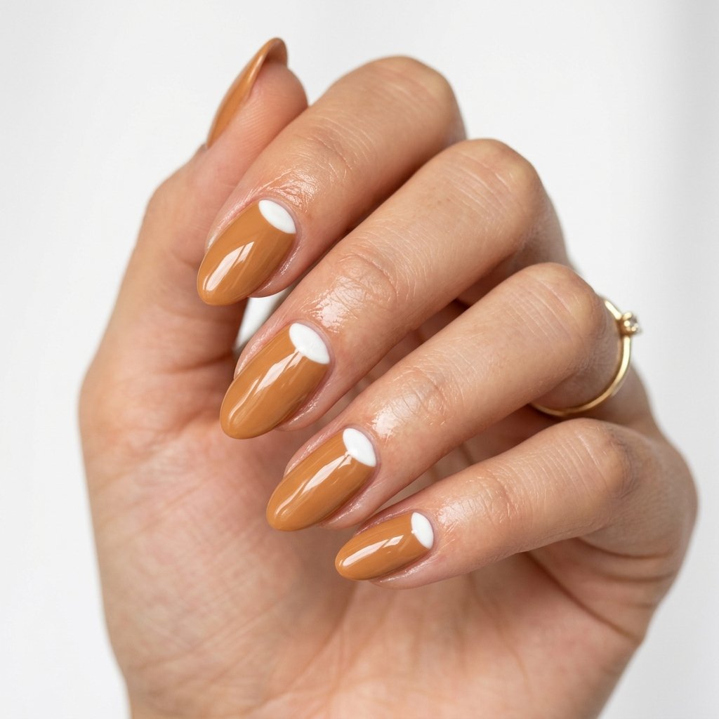 35 Trendy Brown and White Nails Ideas for a Flawless Manicure 2026 29 Warm Caramel Nails with White Moon Accent