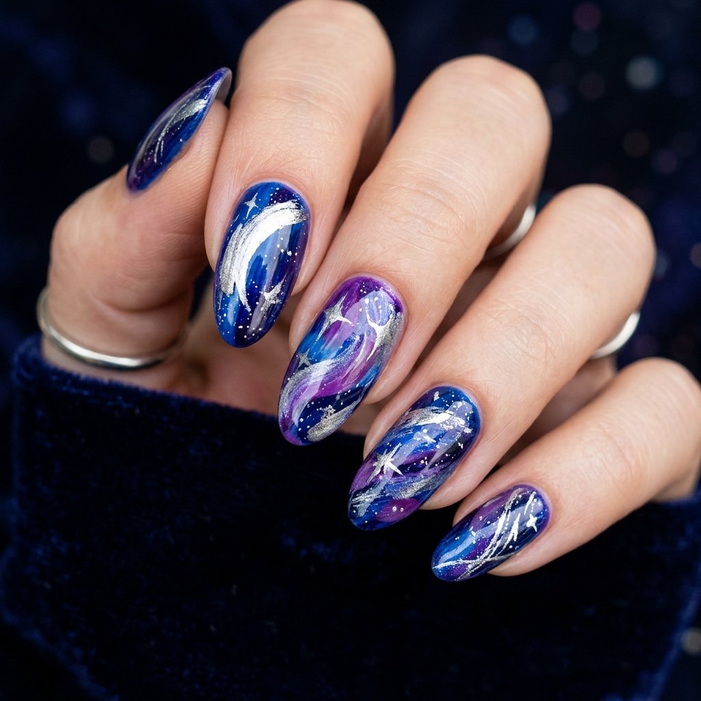 32 Galaxy Nails Ideas: Master the Aesthetic of the Cosmos 27 Abstract Celestial Brushstroke Design