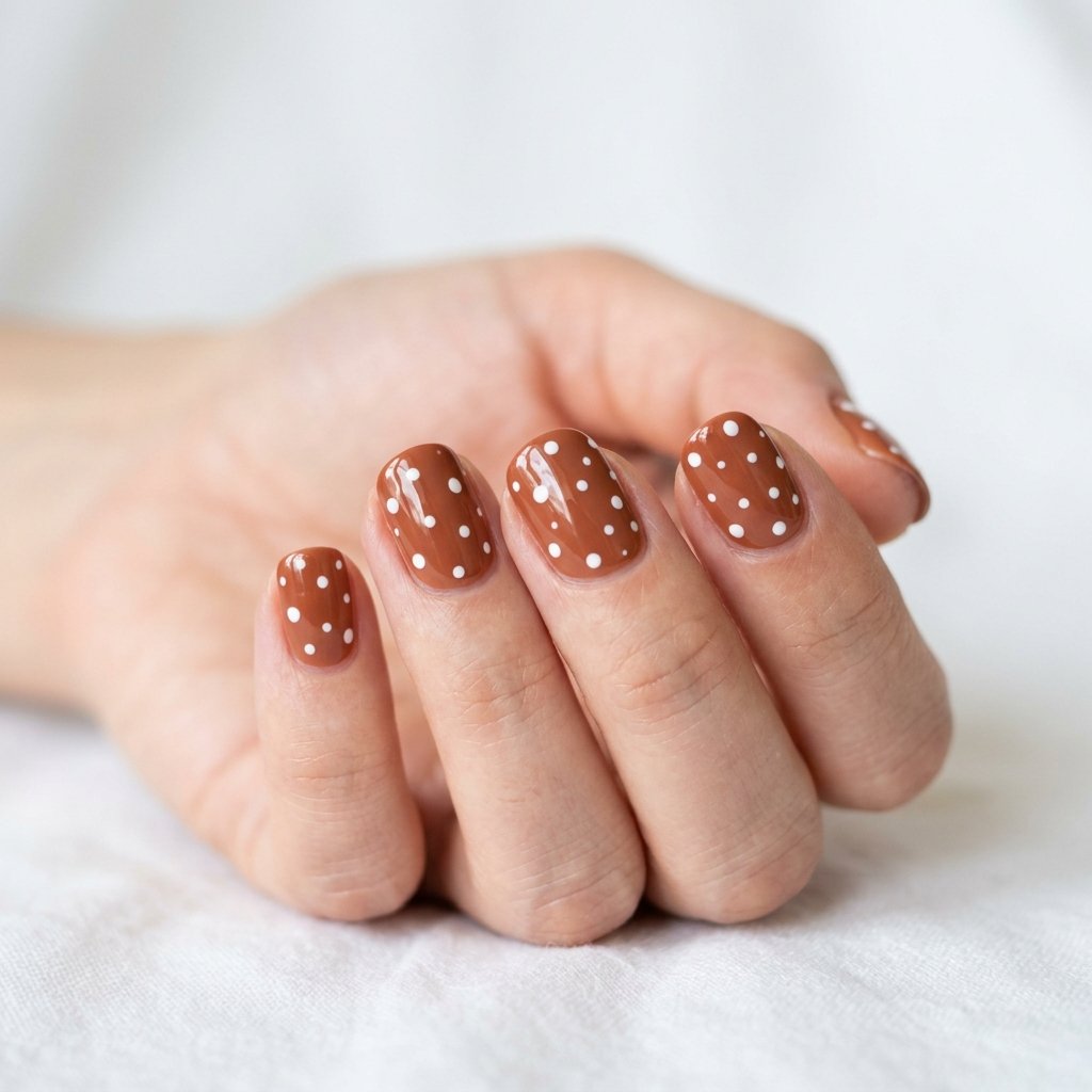 35 Trendy Brown and White Nails Ideas for a Flawless Manicure 2026 26 Rustic Brown Nails with White Polka Dot Accents
