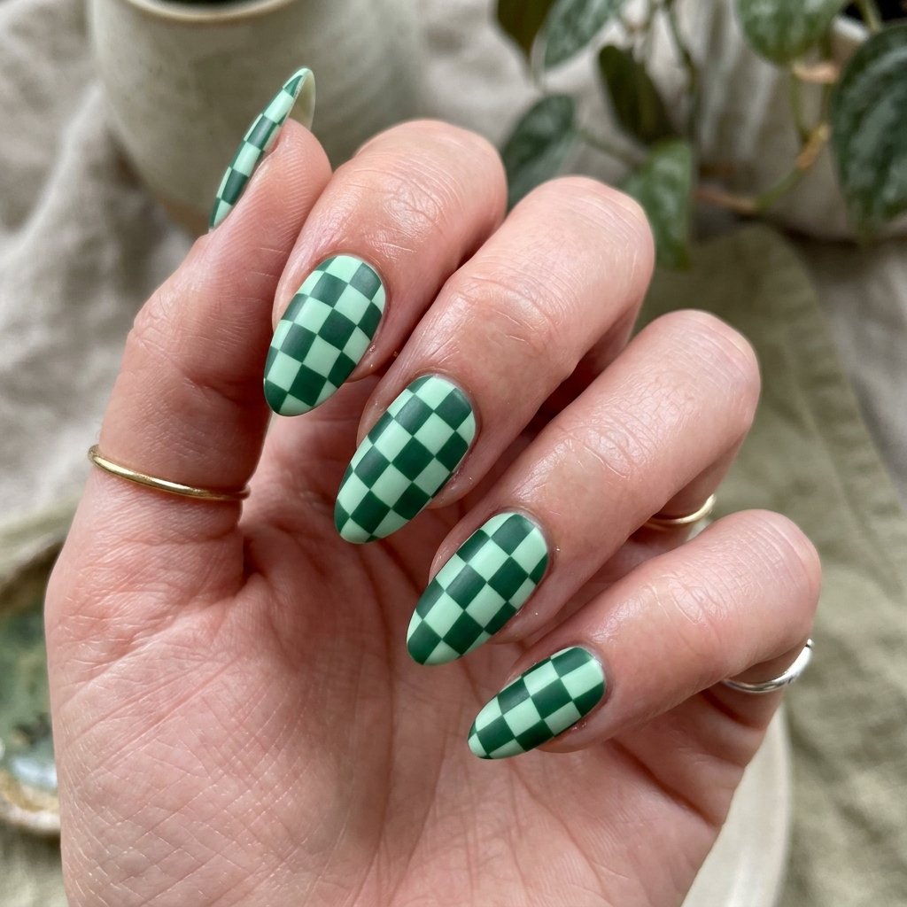 35 Fresh Green Almond Nails Ideas: Chic Trends to Love 32 Checkerboard Green Almond Nails