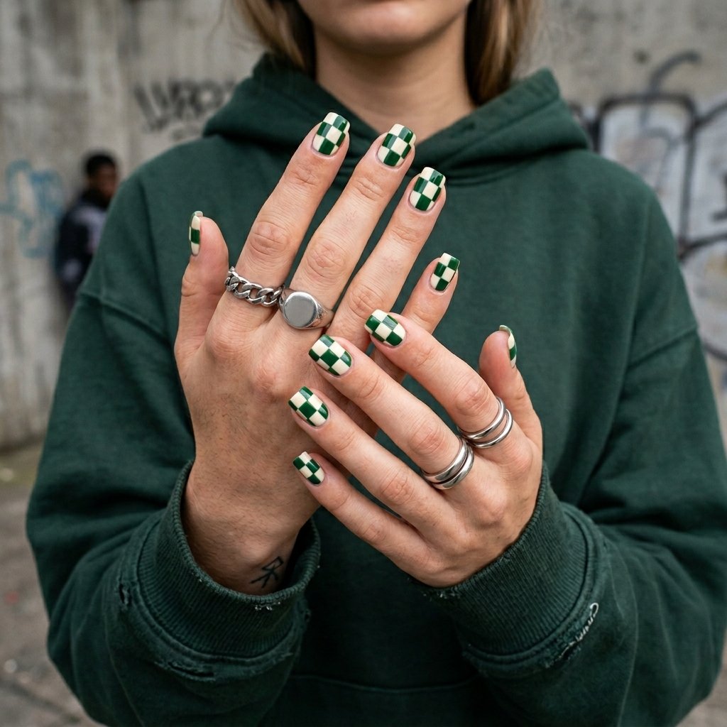 35 Stunning Forest Green Nails Ideas for a Chic Look 2026 28 Checkerboard Grid Art