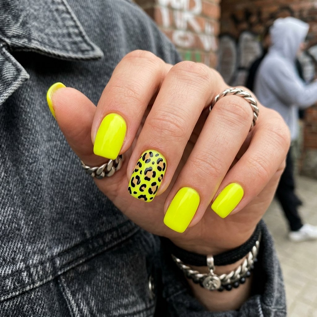 35 Fresh neon yellow nails Ideas for Your Summer Wardrobe 9 Cheetah Print Accents Idea