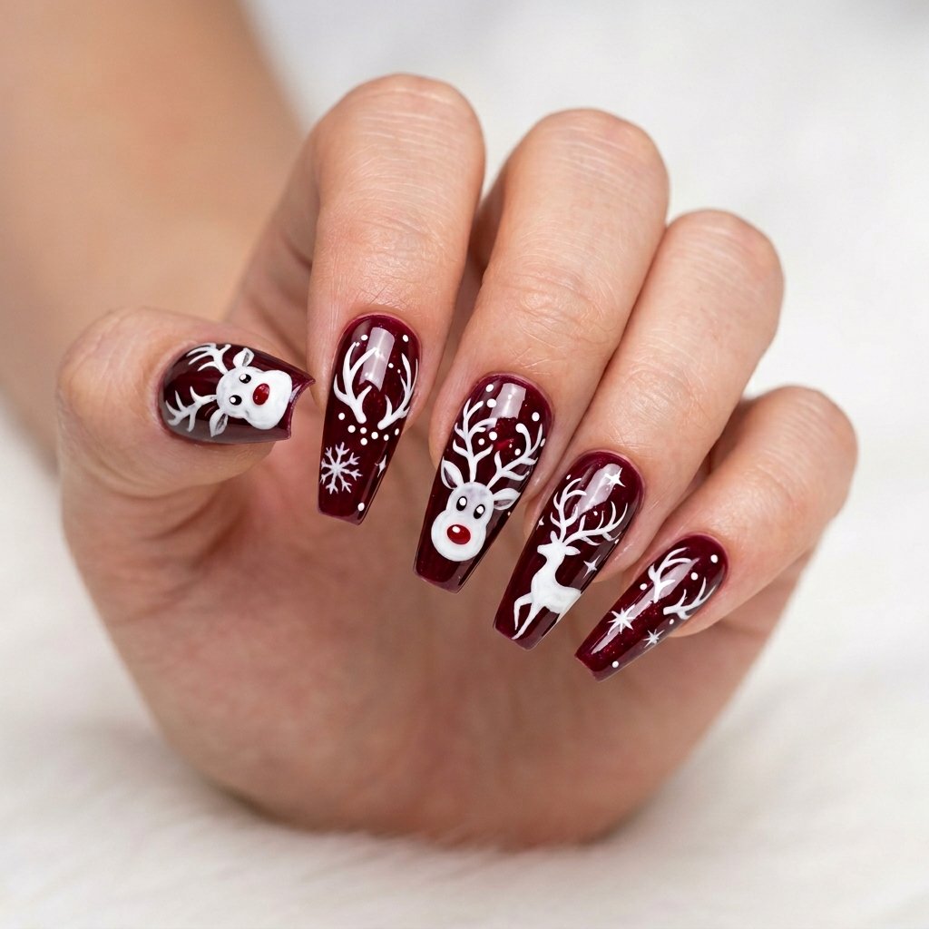 25 Reindeer Nails Ideas That Will Make Your Holiday Manicure Truly Magical 7 Christmas Reindeer Coffin Nails
