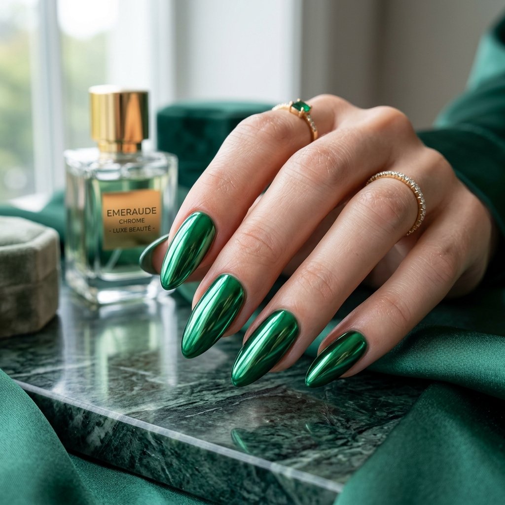 35 Fresh Green Almond Nails Ideas: Chic Trends to Love 19 Chrome Green Almond Nails