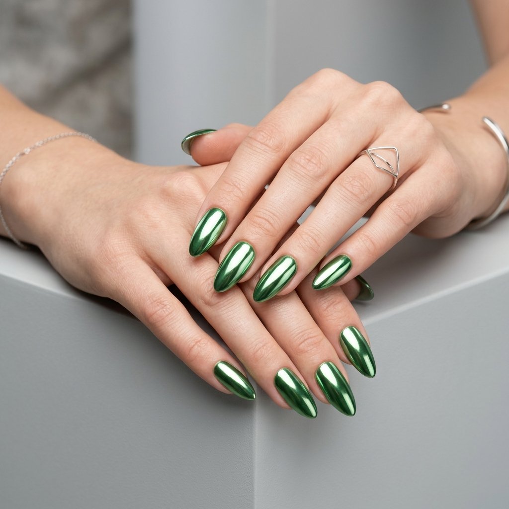 35 Best Green Fall Nails Ideas for Modern Autumn Style 11 Chrome Polish Shift
