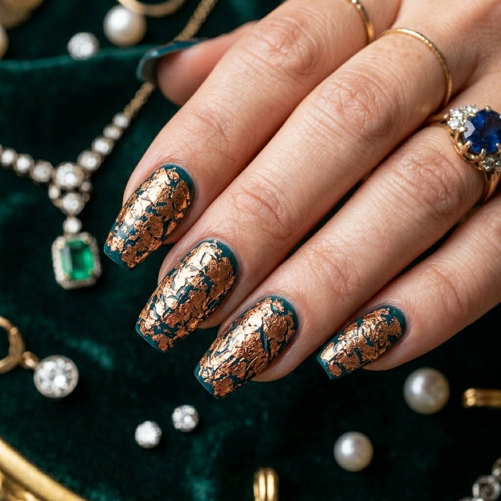 34 Best Dark Teal Nails Ideas: Elegant Colors to Try Now 6 Chunky Copper Flake Layered Peacock Teal