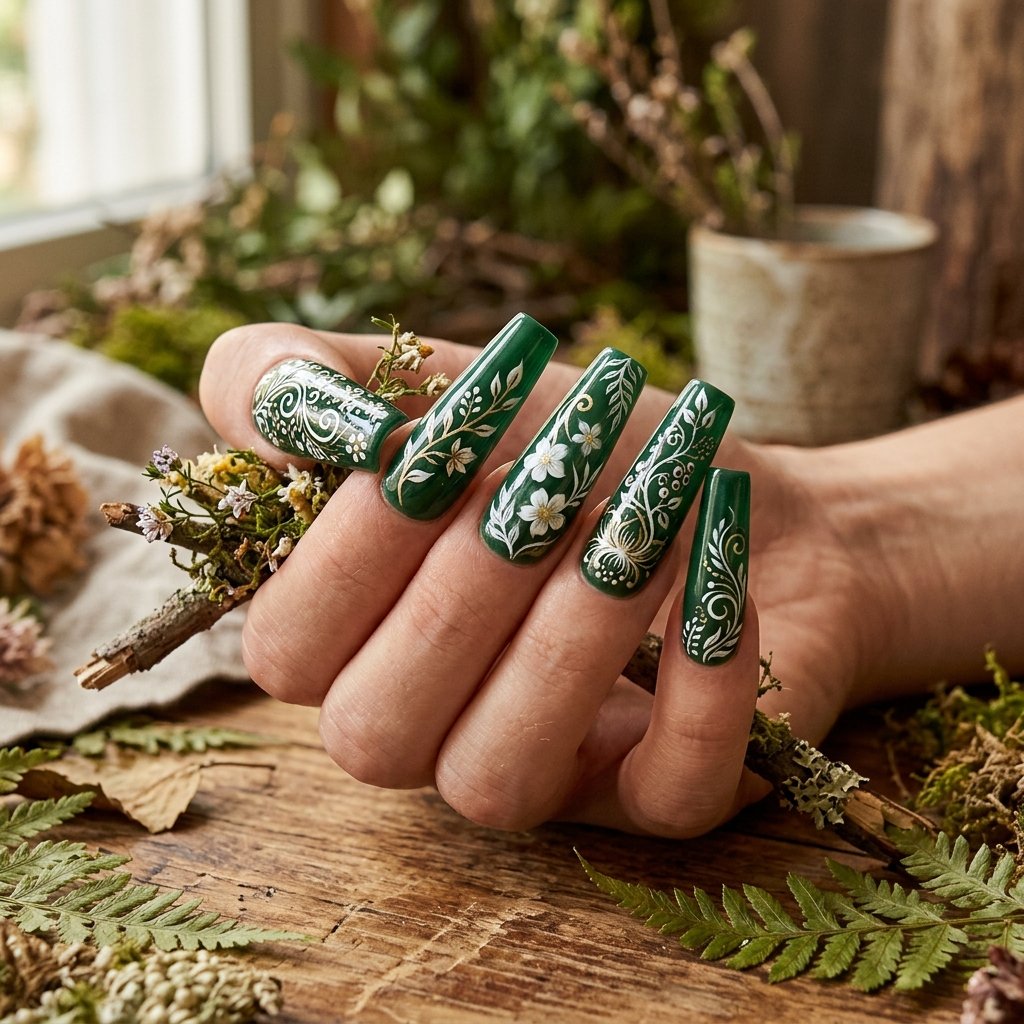 Forest Green and White Nail Ideas