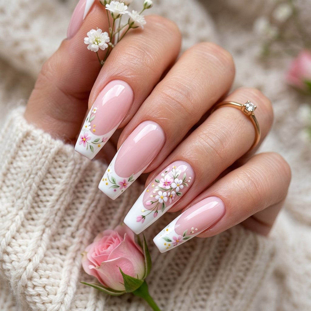 Floral Details on Pink French Tips