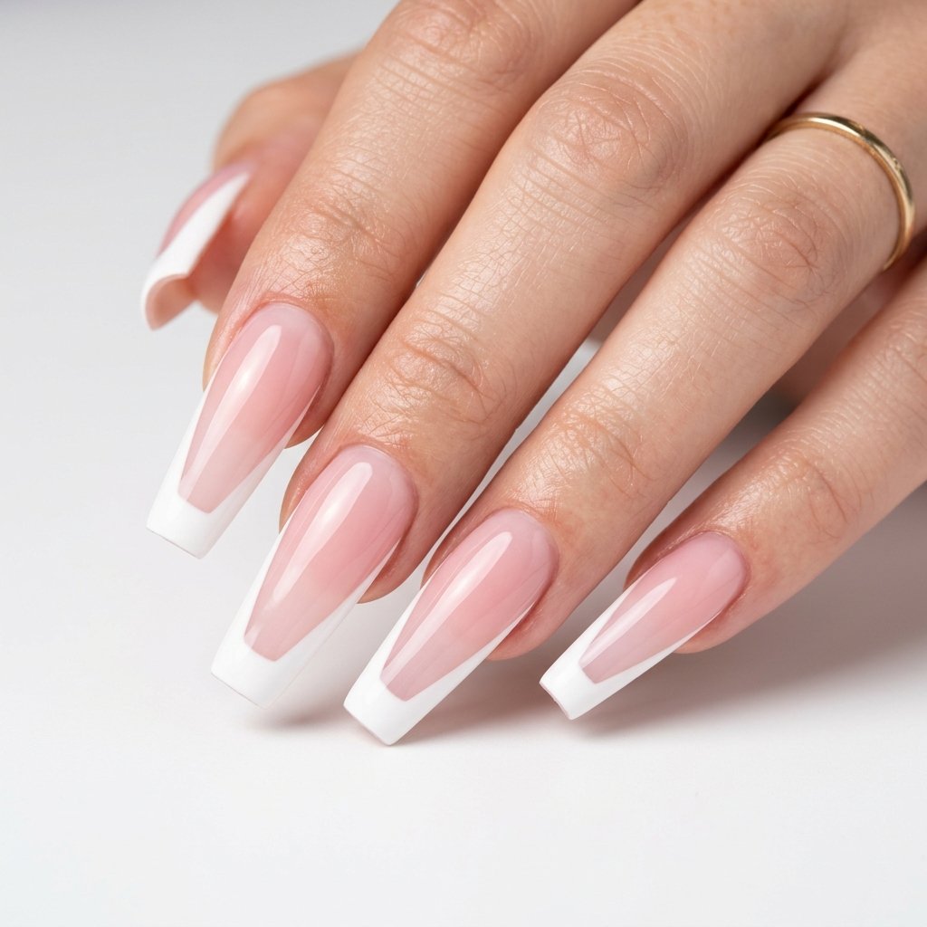 Soft Pink French Tip Coffin Nails