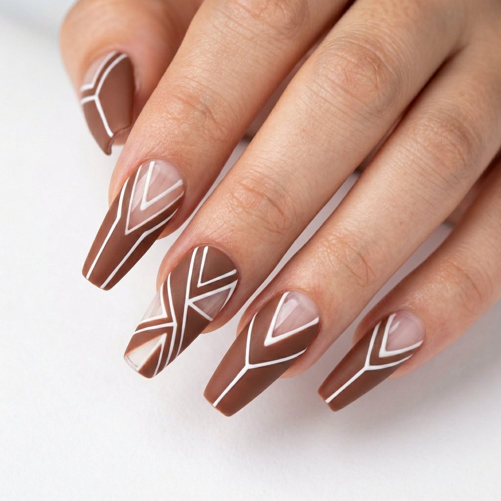 35 Trendy Brown and White Nails Ideas for a Flawless Manicure 2026 14 Earthy Brown Coffin Nails with White Negative Space