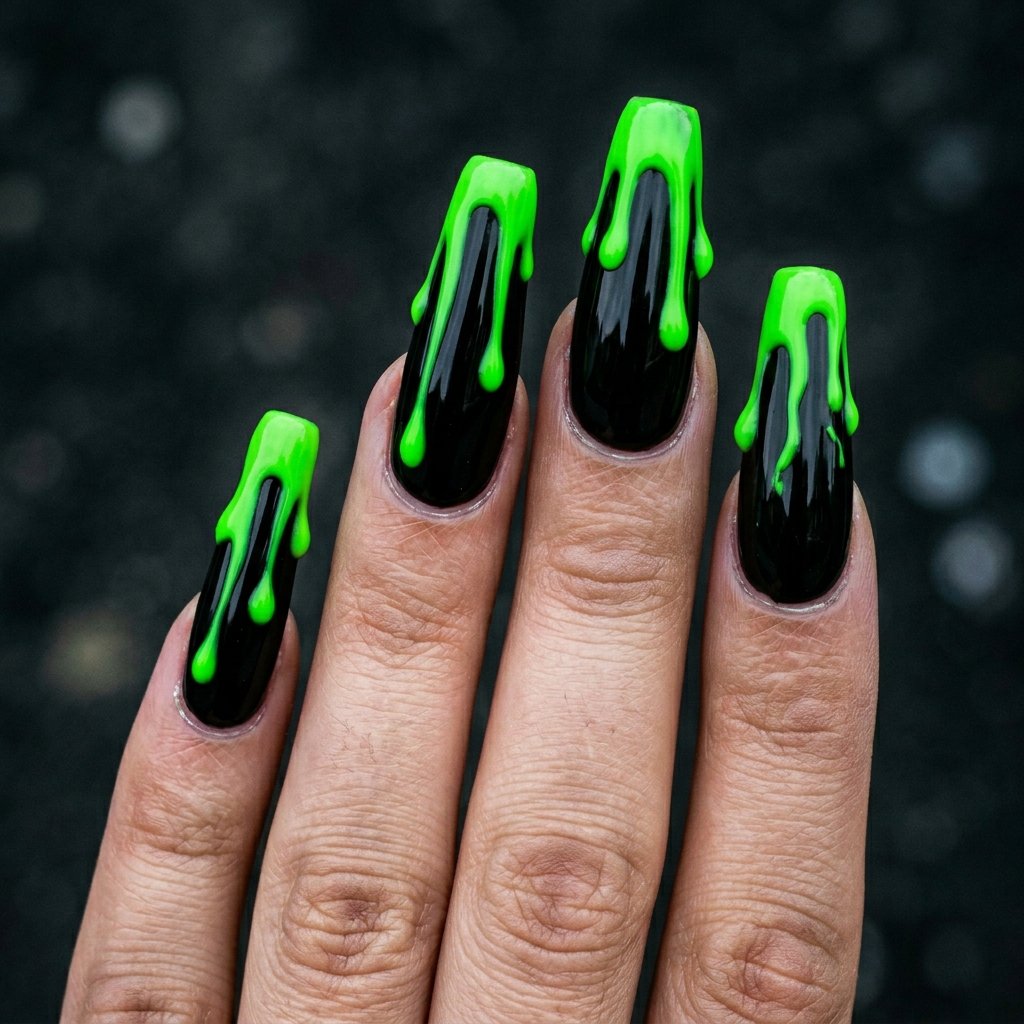 35 Black and Green Nails Ideas: Edgy & Elegant Designs 2026 19 Slime Green Drips over Glossy Black Tips Idea